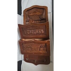 Vintage Wood Letter Holder Key Hooks Dark Wooden Carved Landscape Honduras